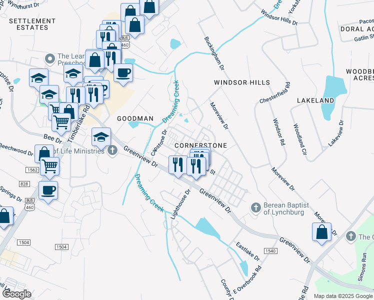 map of restaurants, bars, coffee shops, grocery stores, and more near 303 Rotunda Street in Lynchburg