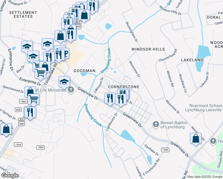 map of restaurants, bars, coffee shops, grocery stores, and more near 118 Capital Street in Lynchburg