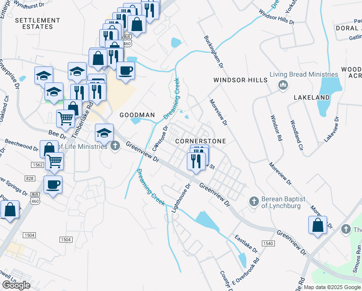 map of restaurants, bars, coffee shops, grocery stores, and more near 204 Capital Street in Lynchburg