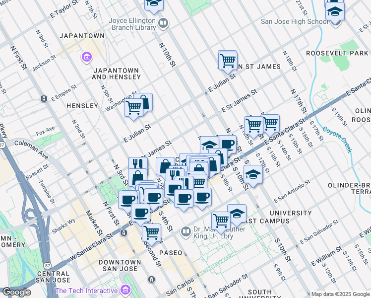 map of restaurants, bars, coffee shops, grocery stores, and more near 143 North 8th Street in San Jose