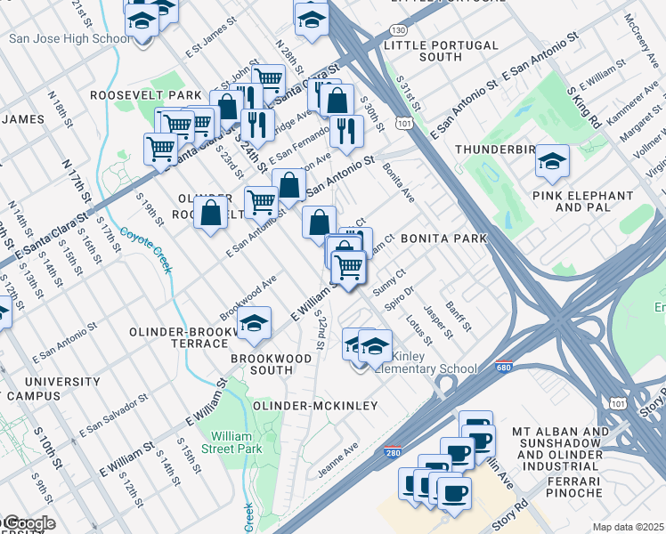 map of restaurants, bars, coffee shops, grocery stores, and more near 1140 East William Street in San Jose