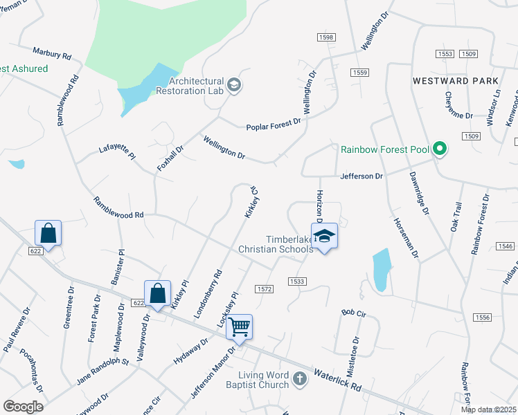 map of restaurants, bars, coffee shops, grocery stores, and more near 171 Kirkley Circle in Forest