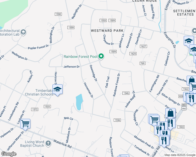 map of restaurants, bars, coffee shops, grocery stores, and more near 291 Dawnridge Drive in Lynchburg
