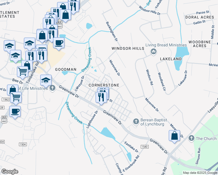 map of restaurants, bars, coffee shops, grocery stores, and more near Capstone Drive in Lynchburg