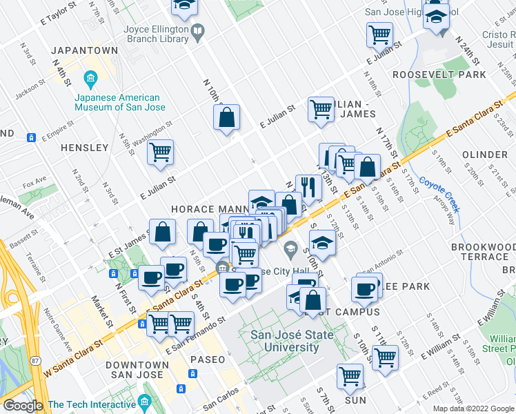 map of restaurants, bars, coffee shops, grocery stores, and more near E St John St & N 9th St in San Jose