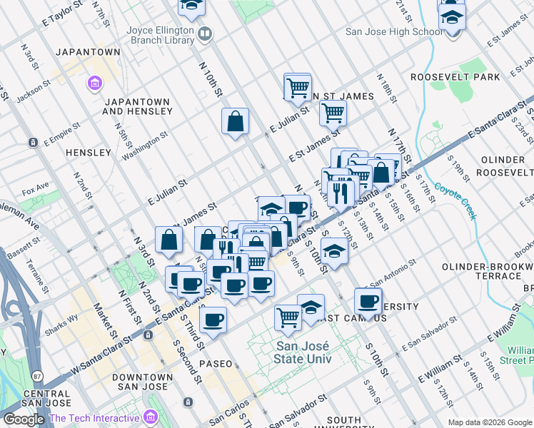 map of restaurants, bars, coffee shops, grocery stores, and more near East Saint John Street in San Jose