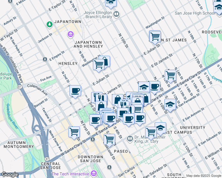 map of restaurants, bars, coffee shops, grocery stores, and more near 201 North 6th Street in San Jose