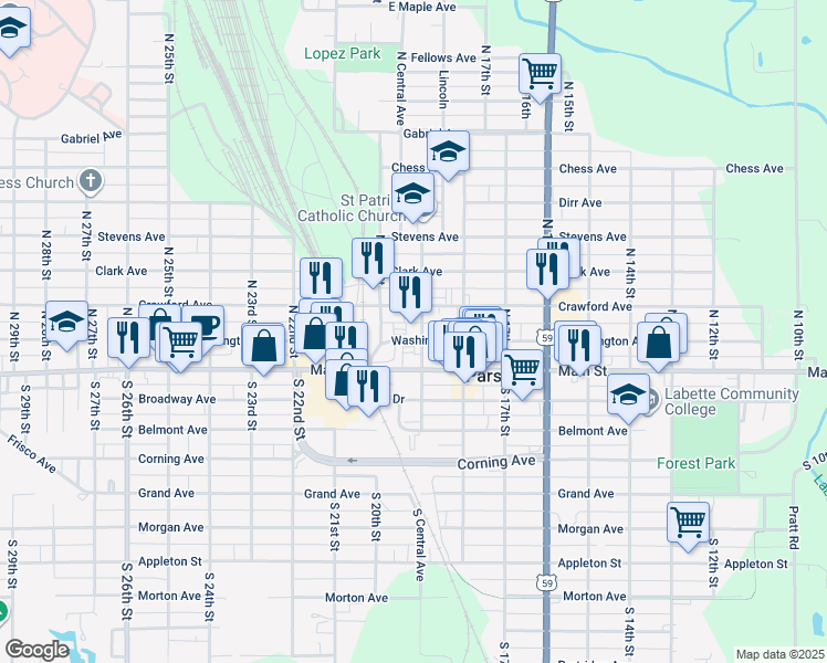 map of restaurants, bars, coffee shops, grocery stores, and more near 2000 Katy Drive in Parsons