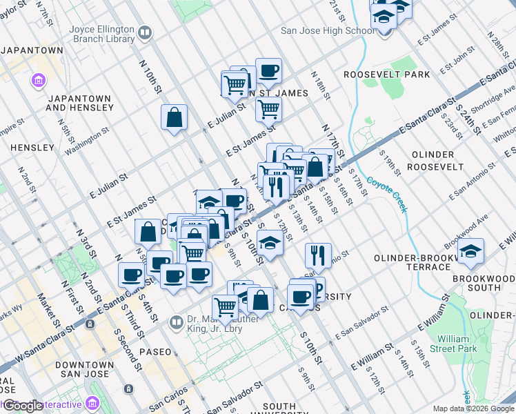 map of restaurants, bars, coffee shops, grocery stores, and more near 4 South 11th Street in San Jose