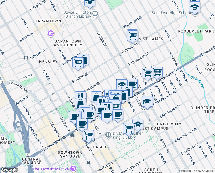 map of restaurants, bars, coffee shops, grocery stores, and more near 303 East Saint John Street in San Jose