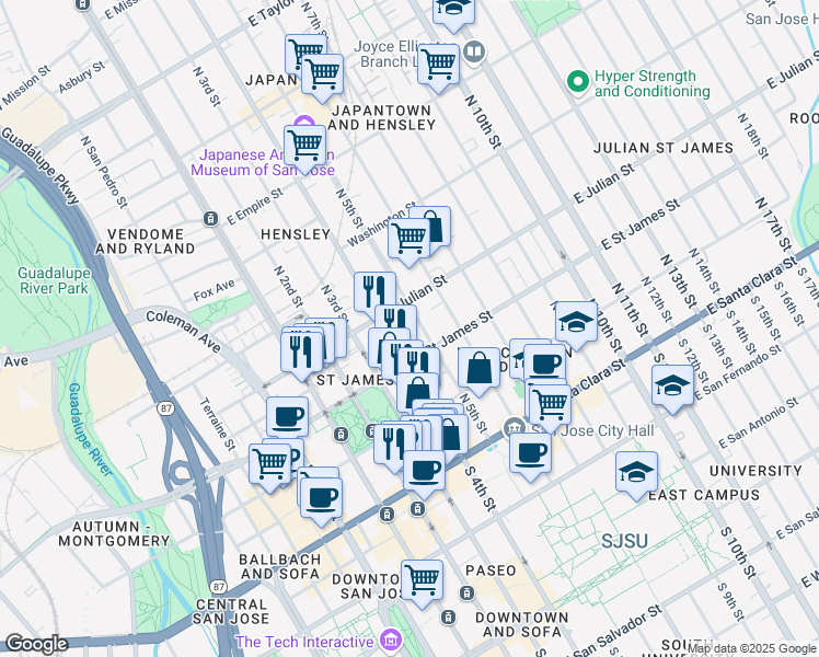 map of restaurants, bars, coffee shops, grocery stores, and more near 231 North 4th Street in San Jose