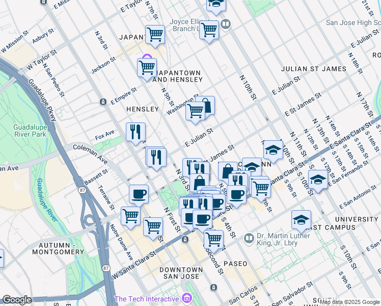 map of restaurants, bars, coffee shops, grocery stores, and more near 231 North 4th Street in San Jose