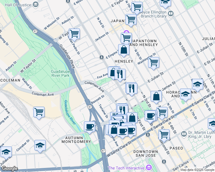 map of restaurants, bars, coffee shops, grocery stores, and more near 87 Bassett Street in San Jose