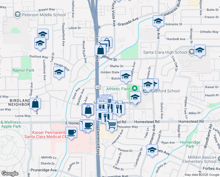 map of restaurants, bars, coffee shops, grocery stores, and more near 3520 Wehner Drive in Santa Clara
