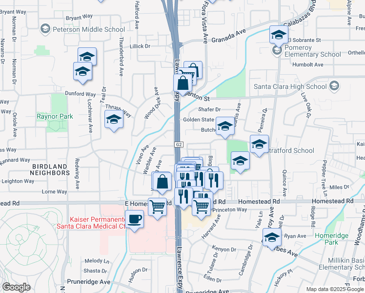 map of restaurants, bars, coffee shops, grocery stores, and more near 884 Burbank Drive in Santa Clara