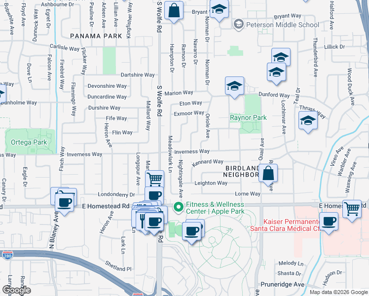 map of restaurants, bars, coffee shops, grocery stores, and more near 917 Kennard Way in Sunnyvale