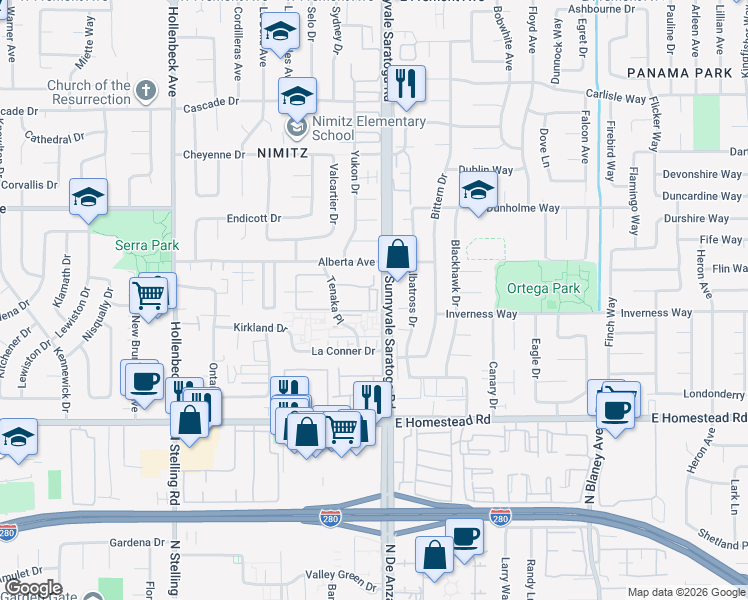 map of restaurants, bars, coffee shops, grocery stores, and more near 1609 Sunnyvale Saratoga Road in Sunnyvale