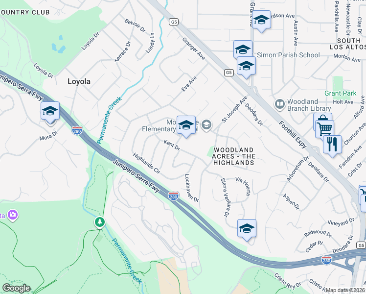 map of restaurants, bars, coffee shops, grocery stores, and more near 2068 Kent Drive in Los Altos