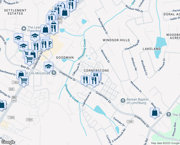 map of restaurants, bars, coffee shops, grocery stores, and more near 303 Rotunda Street in Lynchburg