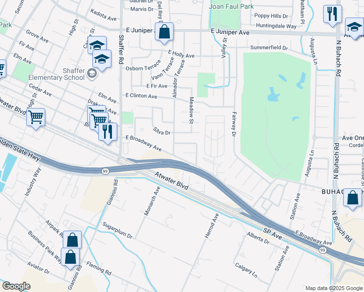 map of restaurants, bars, coffee shops, grocery stores, and more near 1100 Almador Terrace in Atwater