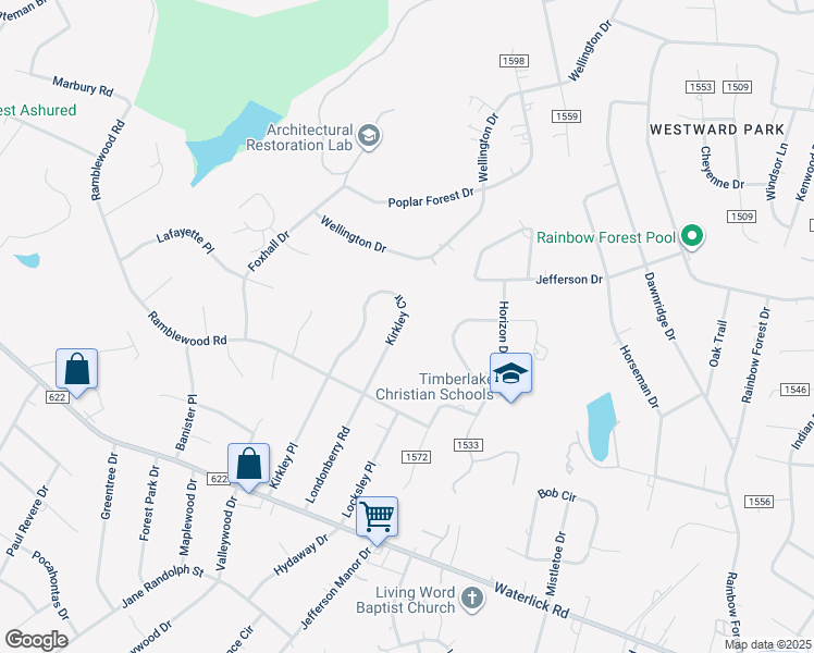 map of restaurants, bars, coffee shops, grocery stores, and more near 171 Kirkley Circle in Forest