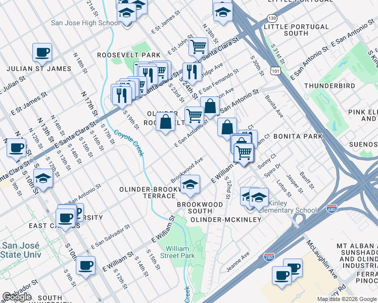 map of restaurants, bars, coffee shops, grocery stores, and more near South 21st Street in San Jose