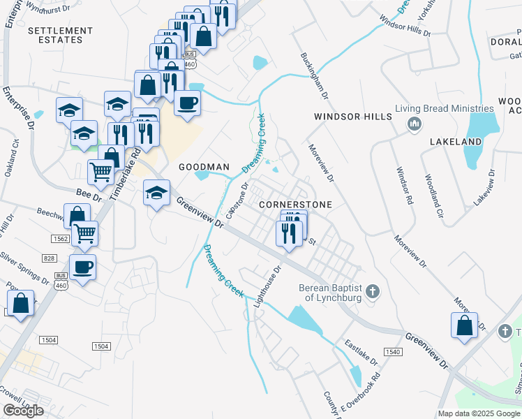 map of restaurants, bars, coffee shops, grocery stores, and more near 203 Capital Street in Lynchburg