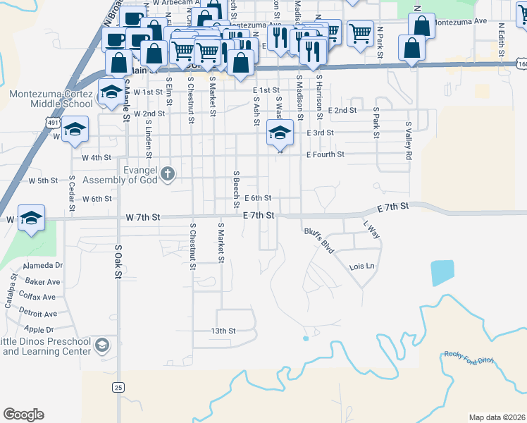 map of restaurants, bars, coffee shops, grocery stores, and more near 520 South Ash Street in Cortez
