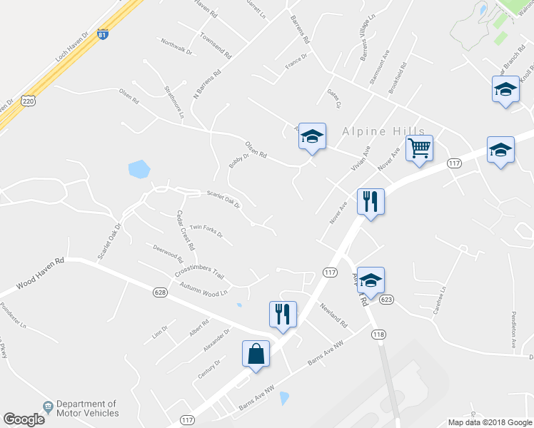 map of restaurants, bars, coffee shops, grocery stores, and more near 7312 Scarlet Oak Court in Roanoke