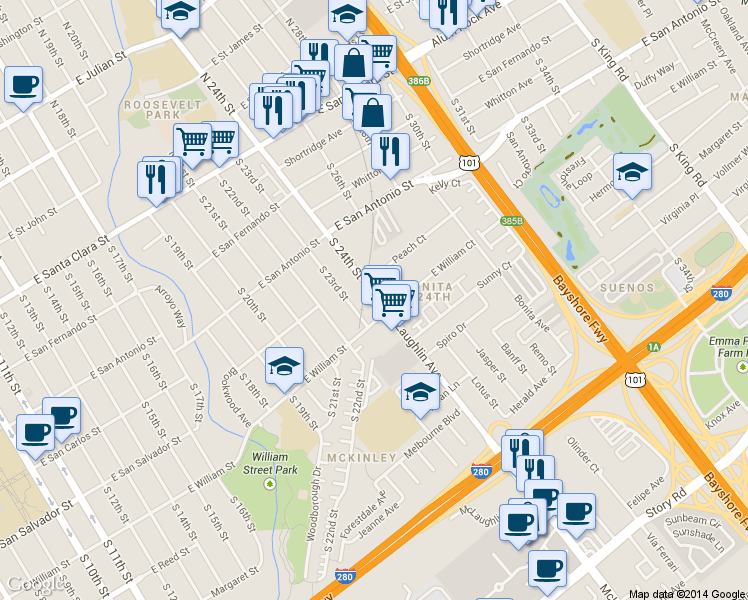 map of restaurants, bars, coffee shops, grocery stores, and more near 1120 E William St in San Jose