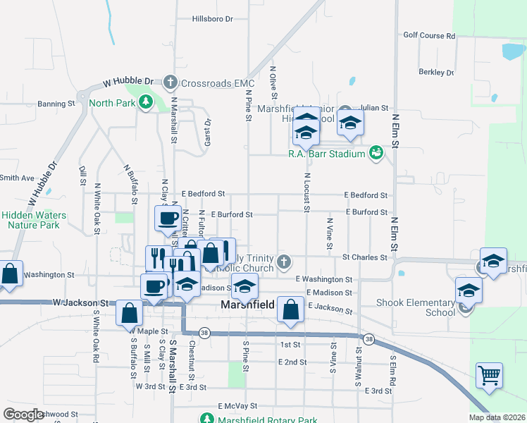 map of restaurants, bars, coffee shops, grocery stores, and more near 427 East Burford Street in Marshfield