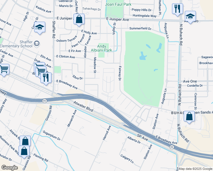 map of restaurants, bars, coffee shops, grocery stores, and more near 150 Seville Court in Atwater