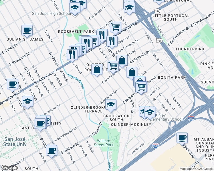 map of restaurants, bars, coffee shops, grocery stores, and more near South 21st Street in San Jose