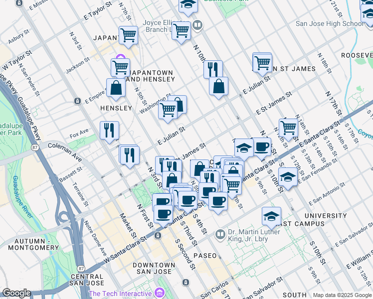 map of restaurants, bars, coffee shops, grocery stores, and more near 201 North 6th Street in San Jose