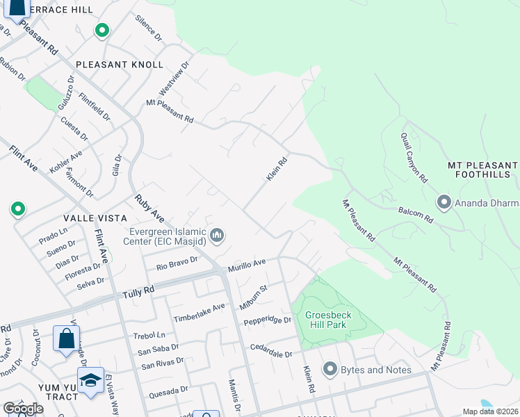 map of restaurants, bars, coffee shops, grocery stores, and more near 3620 Klein Road in San Jose