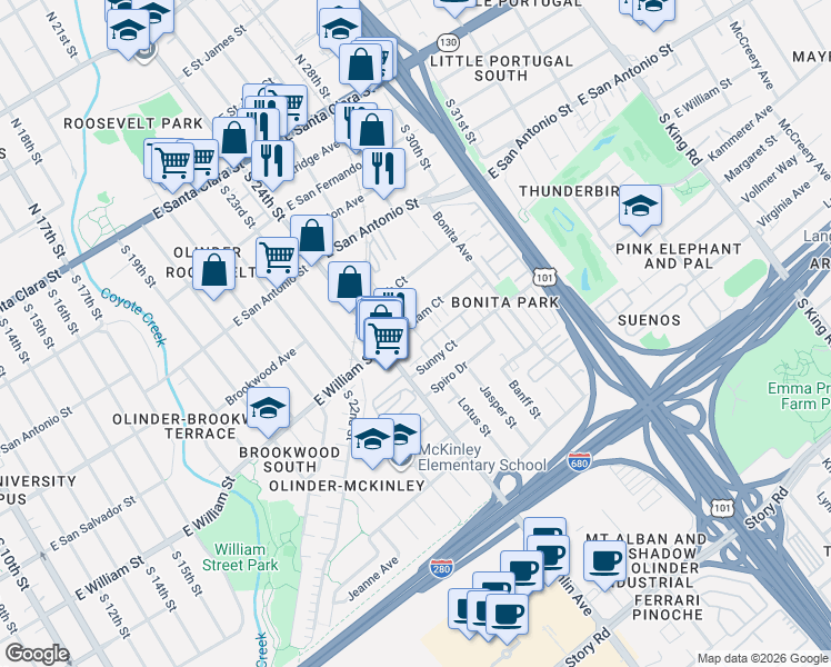 map of restaurants, bars, coffee shops, grocery stores, and more near 1217 East William Court in San Jose