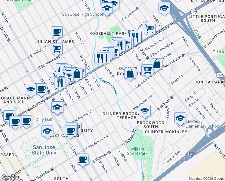 map of restaurants, bars, coffee shops, grocery stores, and more near 120 Arroyo Way in San Jose