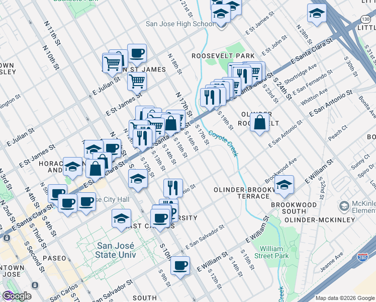 map of restaurants, bars, coffee shops, grocery stores, and more near 41 South 16th Street in San Jose