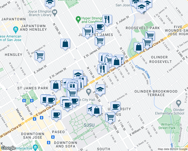 map of restaurants, bars, coffee shops, grocery stores, and more near 75 North 12th Street in San Jose