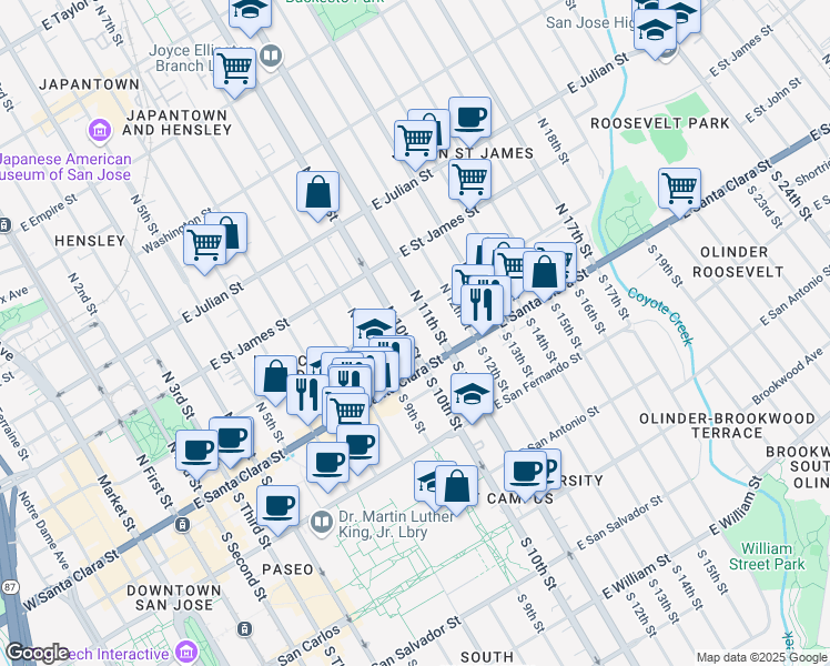 map of restaurants, bars, coffee shops, grocery stores, and more near 95 North 11th Street in San Jose