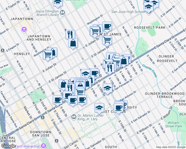 map of restaurants, bars, coffee shops, grocery stores, and more near 95 North 11th Street in San Jose