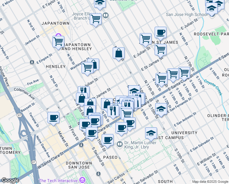 map of restaurants, bars, coffee shops, grocery stores, and more near 340 East Saint James Street in San Jose