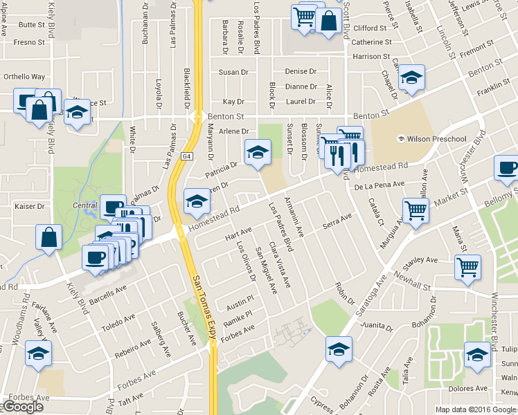 map of restaurants, bars, coffee shops, grocery stores, and more near 2320 De Varona Place in Santa Clara