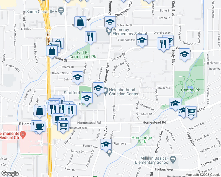 map of restaurants, bars, coffee shops, grocery stores, and more near 926 Pomeroy Avenue in Santa Clara