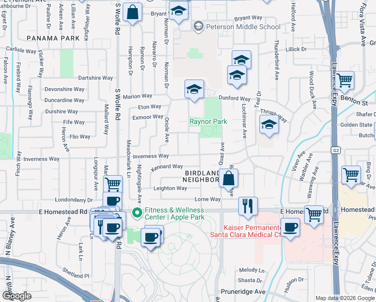 map of restaurants, bars, coffee shops, grocery stores, and more near 1573 Partridge Court in Sunnyvale