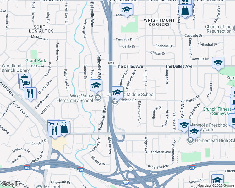 map of restaurants, bars, coffee shops, grocery stores, and more near 1554 South Bernardo Avenue in Sunnyvale