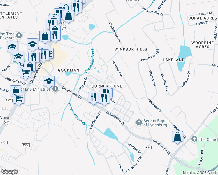 map of restaurants, bars, coffee shops, grocery stores, and more near 320 Capstone Drive in Lynchburg