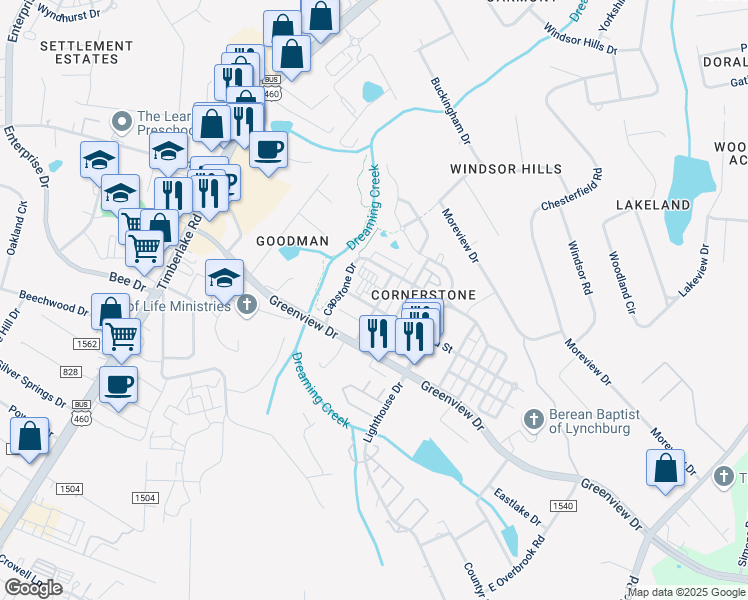 map of restaurants, bars, coffee shops, grocery stores, and more near 201 Capital Street in Lynchburg
