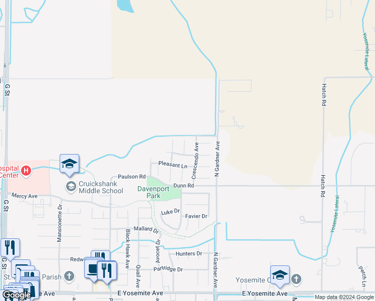 map of restaurants, bars, coffee shops, grocery stores, and more near 4116 Sunshine Court in Merced