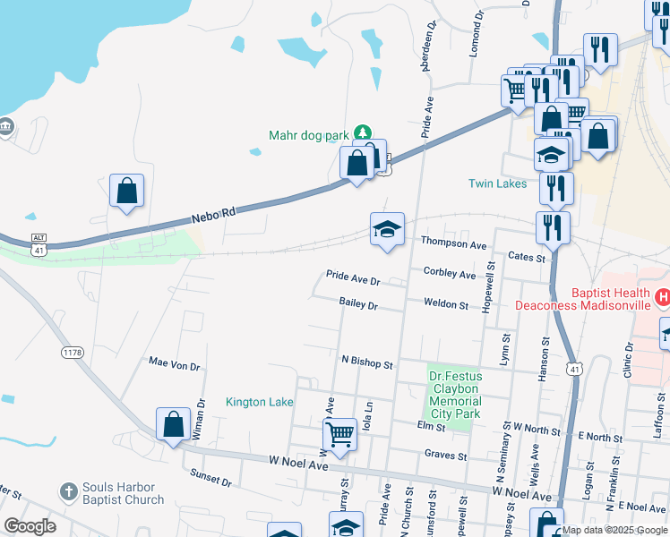 map of restaurants, bars, coffee shops, grocery stores, and more near 898 Pride Avenue Drive in Madisonville